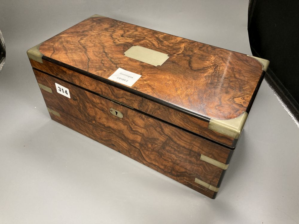 A mid Victorian burr walnut cased artist / draughtsmans box, with a well fitted interior, 36 x 19 x 17cm